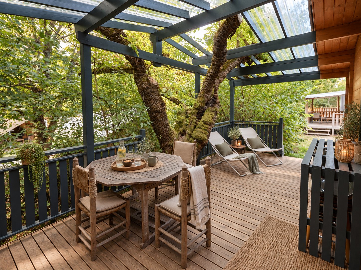 Terrasse ombragée du chalet entourée de végétation