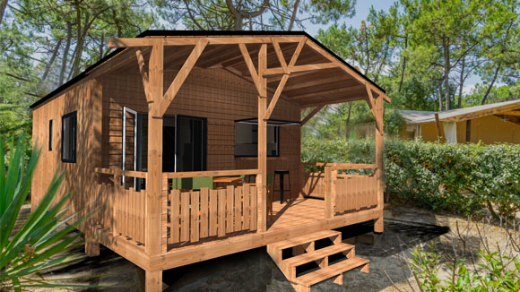 Chalet bois avec terrasse couverte et accès véhicule facile au Camping Les Chamberts à Piégros-la-Clastre.