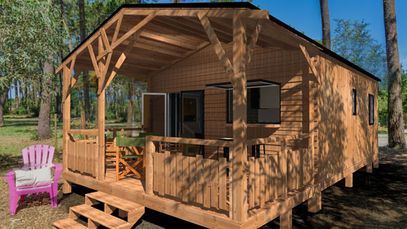 Hébergement de plein air en bois au Camping Les Chamberts dans la Drôme, location de vacances nature et confort.